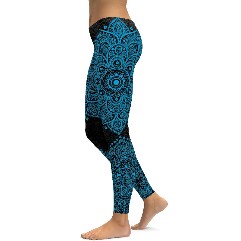 Black and Cyan Blue Mandala Leggings Bohemian Women's Free Bohemian Women's Free