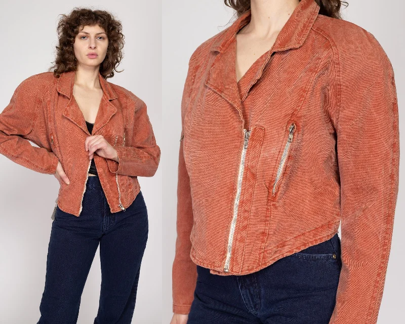 Large 80s Burnt Orange Denim Moto Jacket Bold Women's Statement
