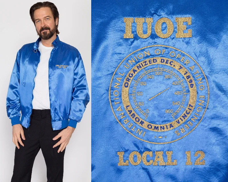Large 80s Operating Engineers Union Blue Satin Jacket Traditional Women's Wool