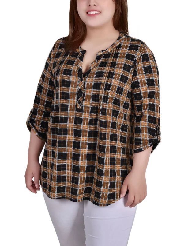 Plus Size 3/4 Roll Tab Sleeve Y Neck Top European European