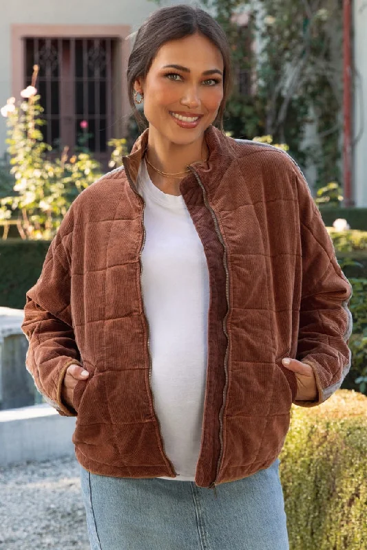 Brown Quilted Corduroy Maternity Puffer Jacket Street