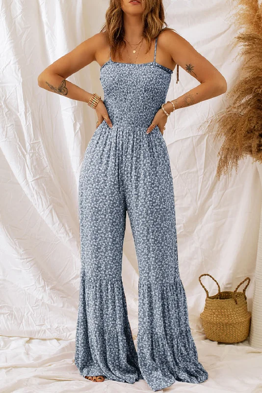 Smocked Printed Wide Strap Jumpsuit Athletic Women's 