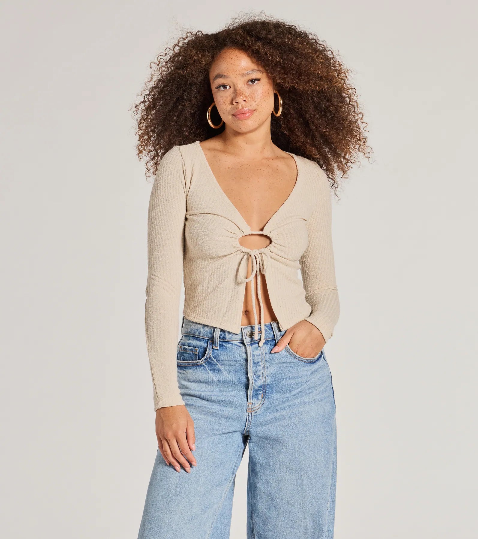 Trendy Casual Long Sleeve Tie-Front Top Preppy Women's College