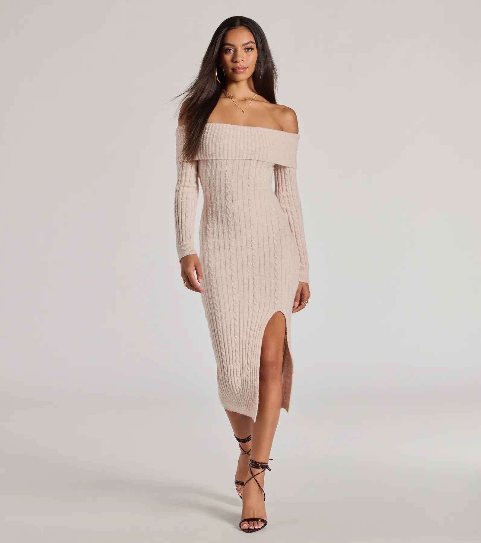Cozy Luxe Cable Knit Off-The-Shoulder Midi Dress Dapper Women's Bow - adorned