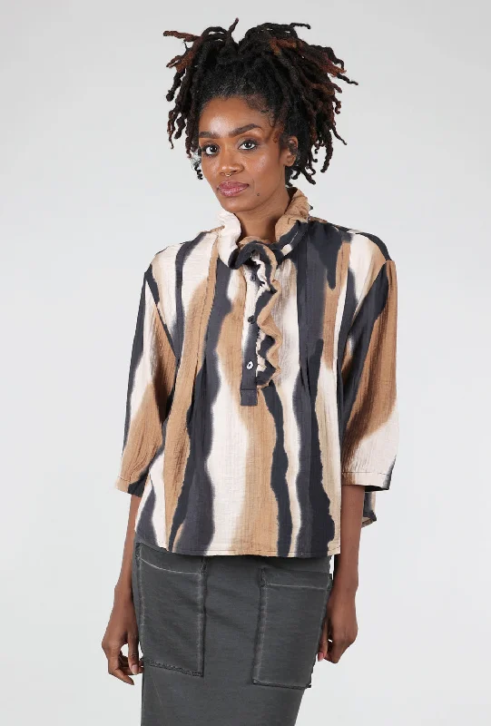 Ruffle-Placket Top, Khaki/Charcoal Earthy Women's 