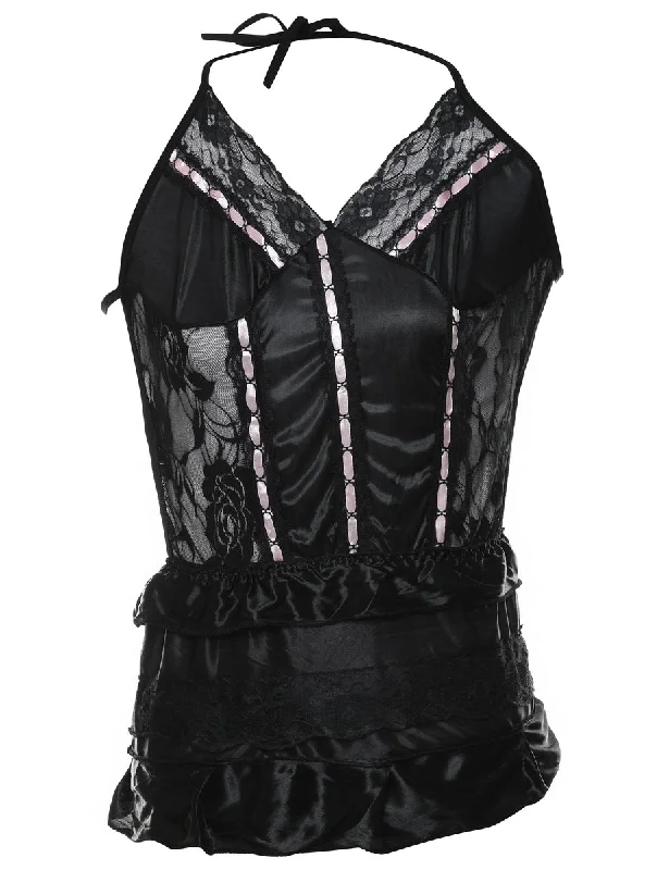 Black & Pale Pink Lace Trim Halterneck Babydoll - XS Trendy Women's 