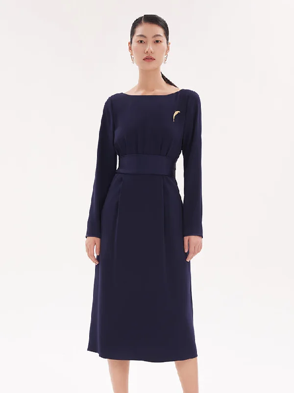 Triacetate Slim Midi Dress With Brooch Casual Women's Loose - fitting