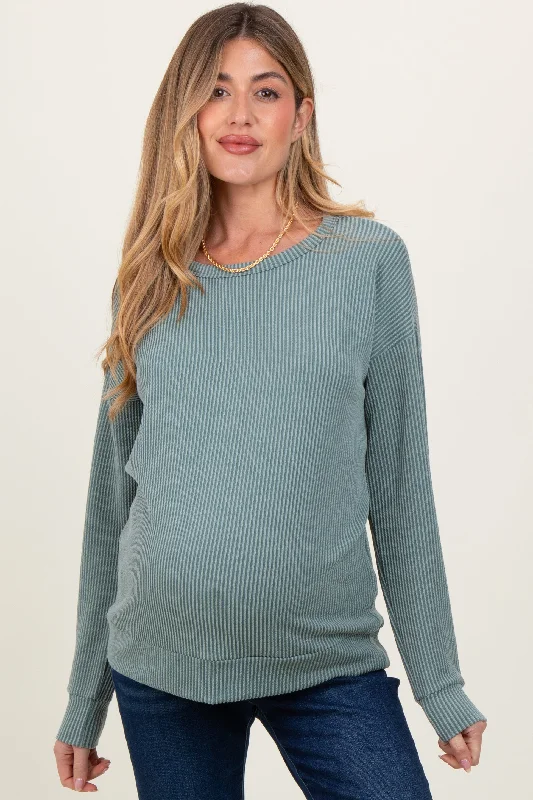Light Olive Ribbed Long Sleeve Maternity Pullover Top Casual Women's Loose - fitting