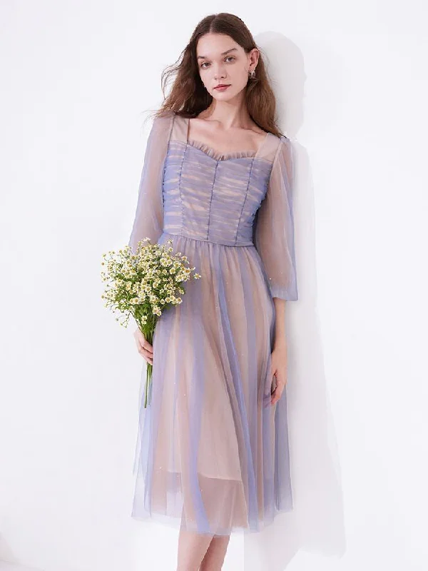 Purple Mesh Layers See-Through Midi Dress Bold Women's Statement