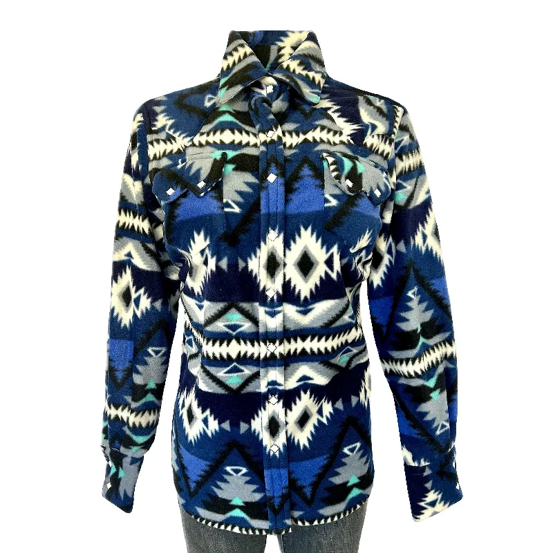Women's Native Pattern Fleece Western Shirt in Blue & Black Feminine Women's Style Women's Native Pattern Fleece Western Shirt in Blue & Black Feminine Women's Style