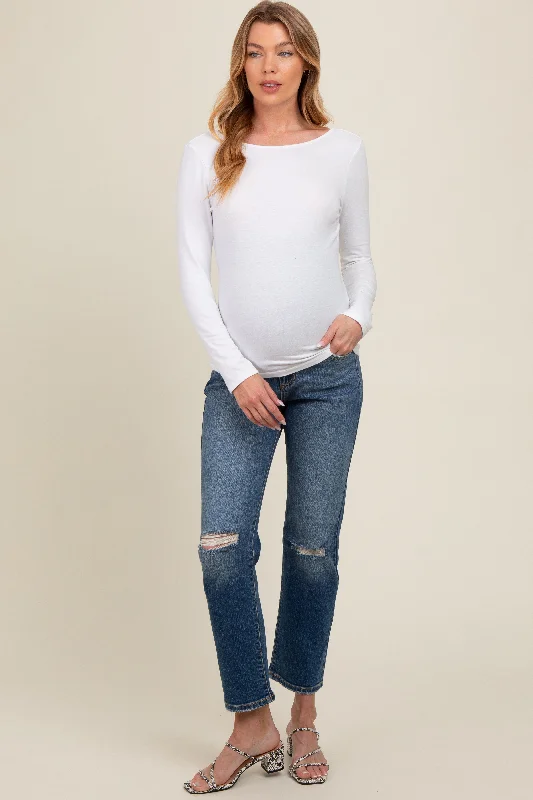 Blue Distressed Knee Slim Fit Maternity Jeans Unique Women's Upcycled Unique Women's Upcycled