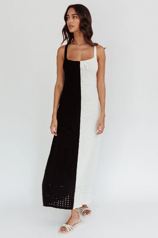 Sunday Fun Day Knit Maxi Dress Black Cream Feminine Women's Soft 