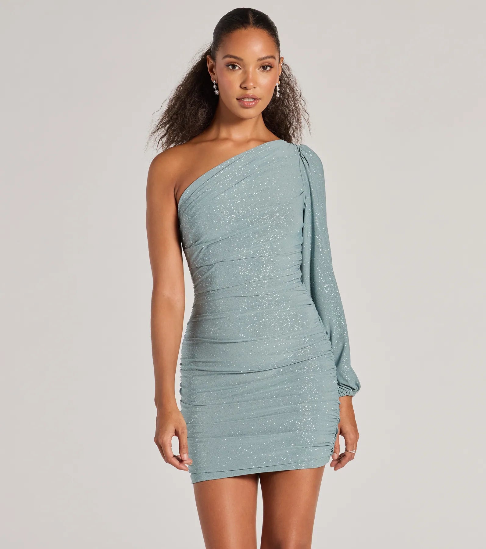 Glitzy Status One-Shoulder Glitter Knit Mini Dress Polished Women's Silk