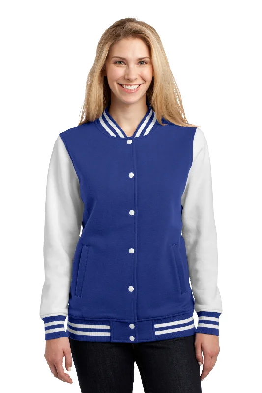 Sport-Tek Womens Snap Down Fleece Letterman Jacket - True Royal Blue/White - Closeout Refined Women's Hand - crafted Sport-Tek Womens Snap Down Fleece Letterman Jacket - True Royal Blue/White - Closeout Refined Women's Hand - crafted