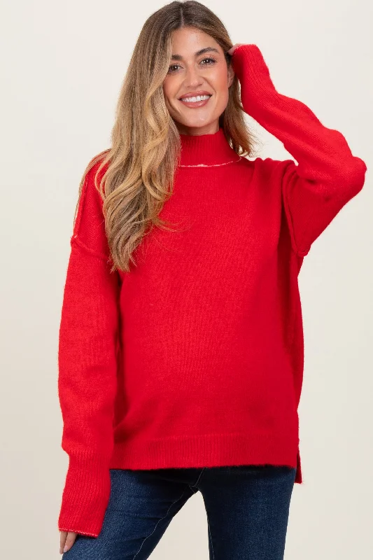 Red Mock Neck Contrast Seam Maternity Sweater Streetwear Style for 