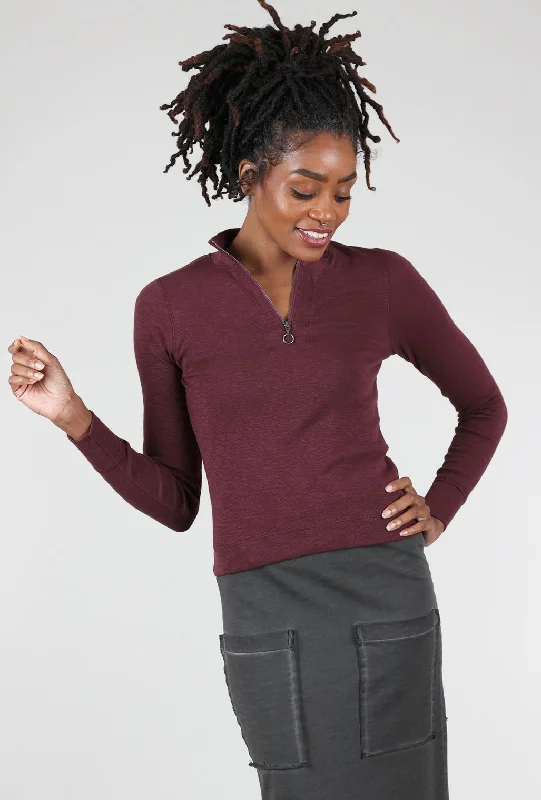 Zip-Front Mock Neck Top, Wine purpose