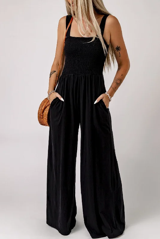Smocked Square Neck Wide Leg Jumpsuit with Pockets Streetwear Style for 