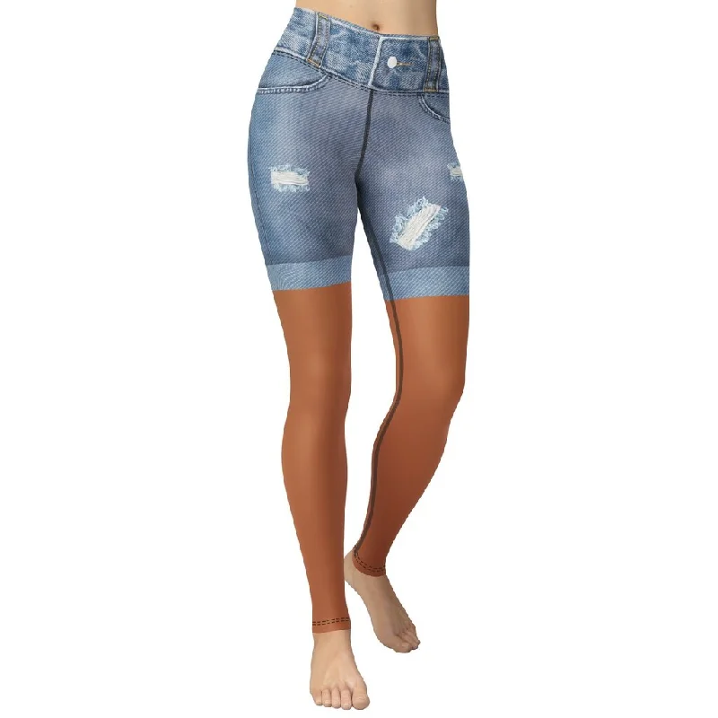 Medium Brown Denim Shorts Print Yoga Leggings Traditional Women's Wool