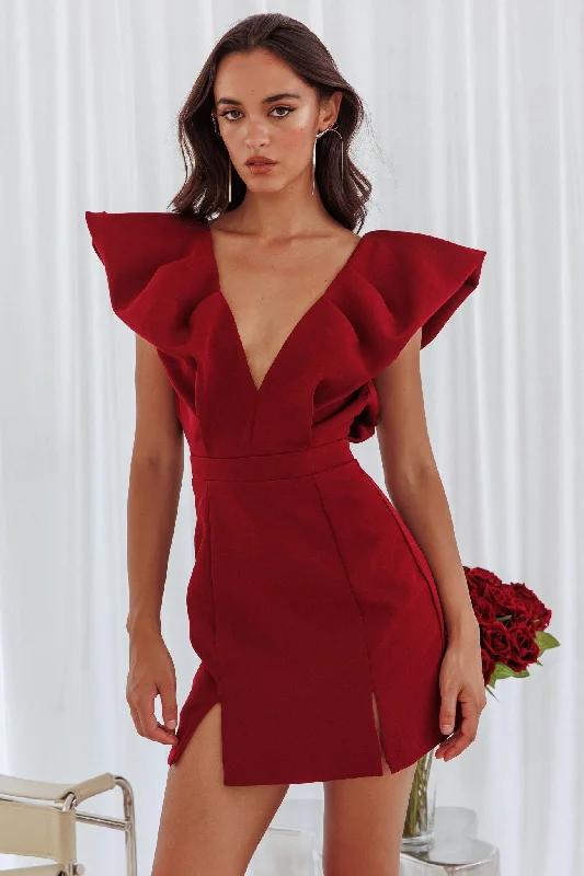 Liardon Bubble Sleeve V-Neckline Mini Dress Wine Confident Women's High - fashion
