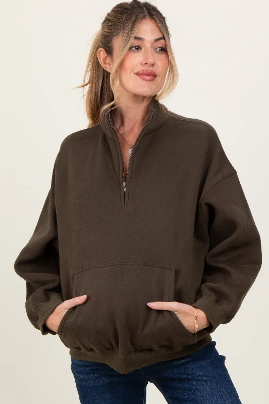 Olive Fleece Oversized Half Zip Maternity Pullover Business