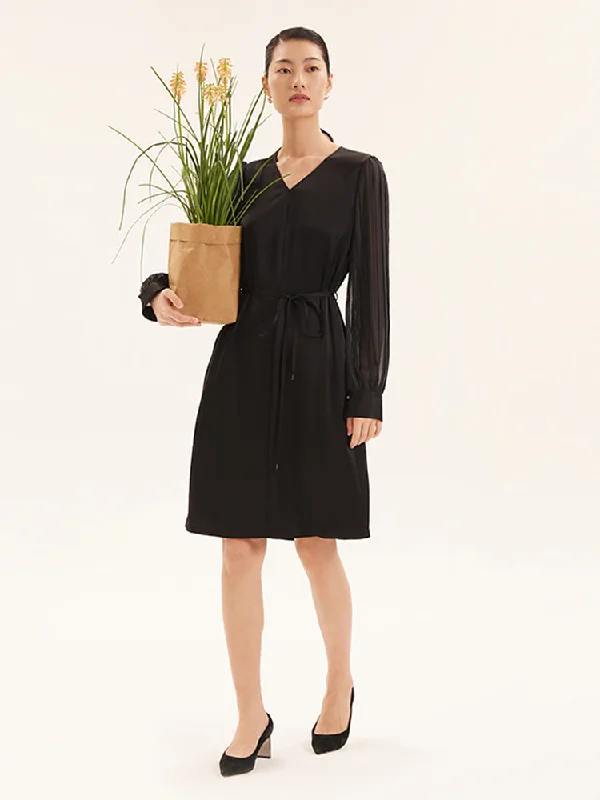 Triacetate V-Neck Long Sleeve Midi Dress Trendy Women's Oversized