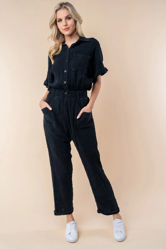 White Birch Texture Short Sleeve Jumpsuit Modern Women's Tech