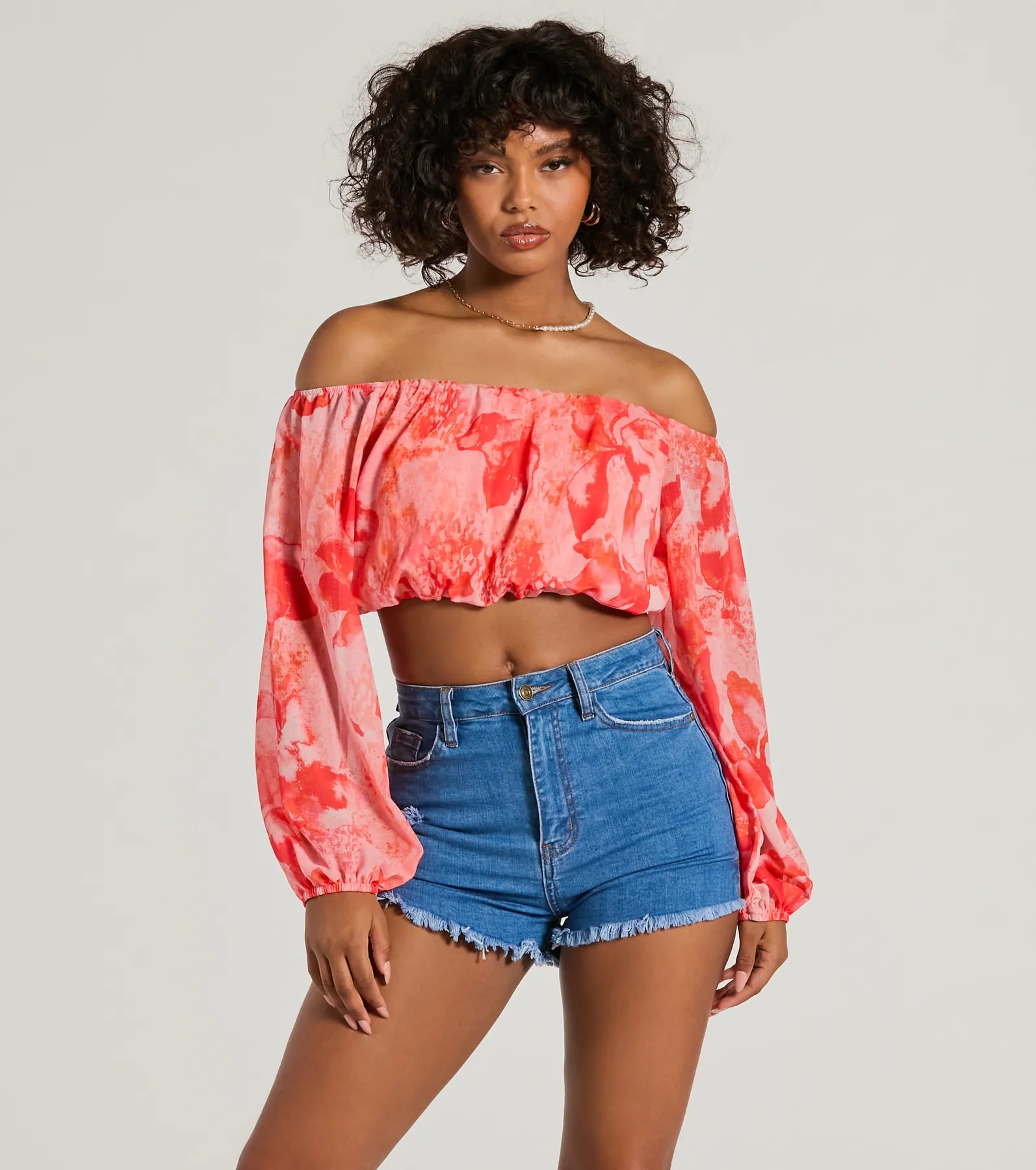 Sunset Beauty Off-The-Shoulder Marble Chiffon Crop Top purpose