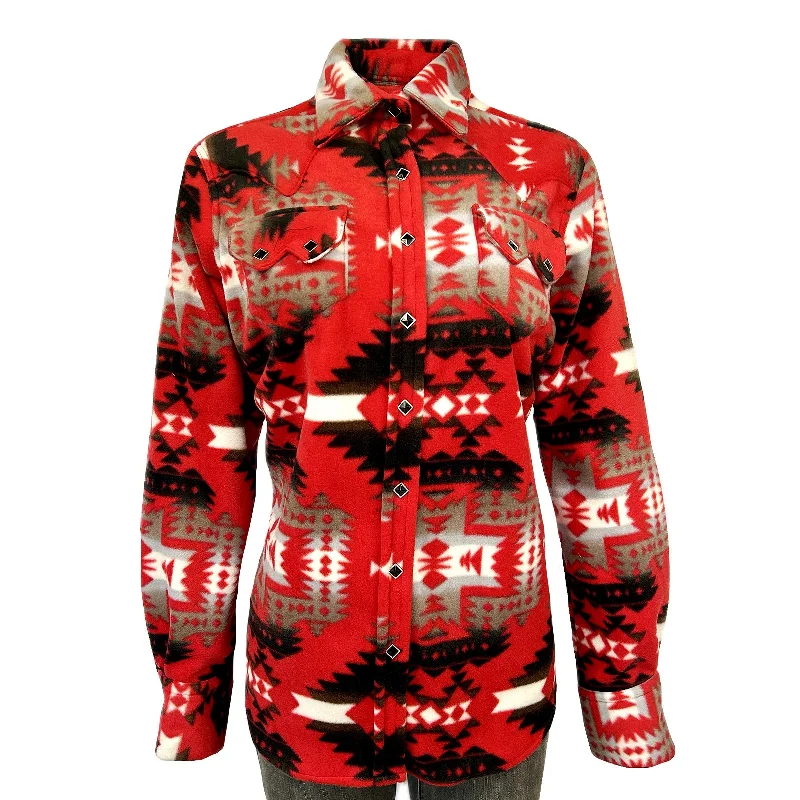 Women's Native Pattern Fleece Western Shirt in Red & Grey Disco