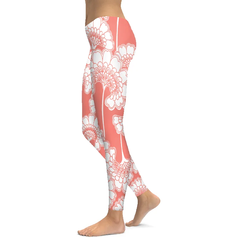 Coral Japanese Floral Leggings Sophisticated Women's 