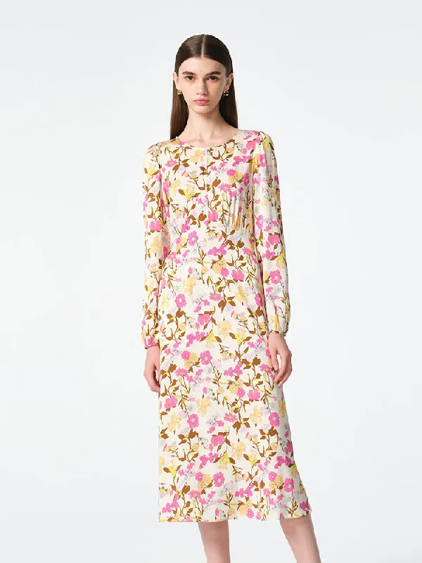 19 Momme Mulberry Silk Floral Print Women Midi Dress Sophisticated Women's 