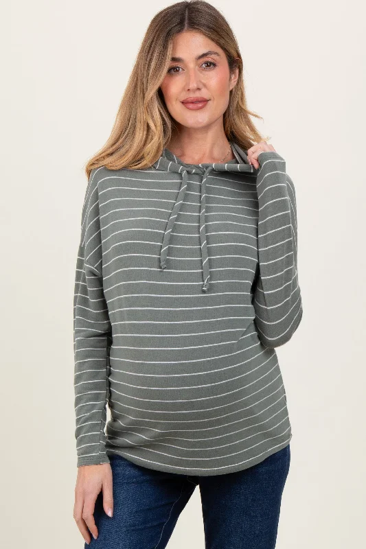 Olive Striped Drawstring Hoodie Maternity Top Practical Women's Multi - 