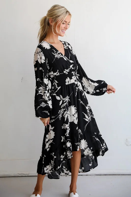 FINAL SALE - Precious Whimsy Black Floral Midi Dress Sustainable Organic