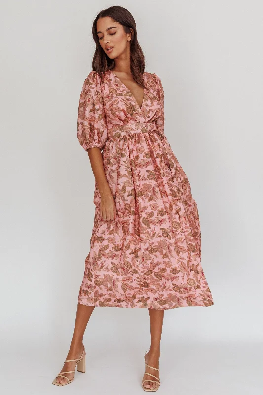 Doris Floral Puff Sleeve Midi Wrap Dress Blush Cozy Women's Winter Cozy Women's Winter