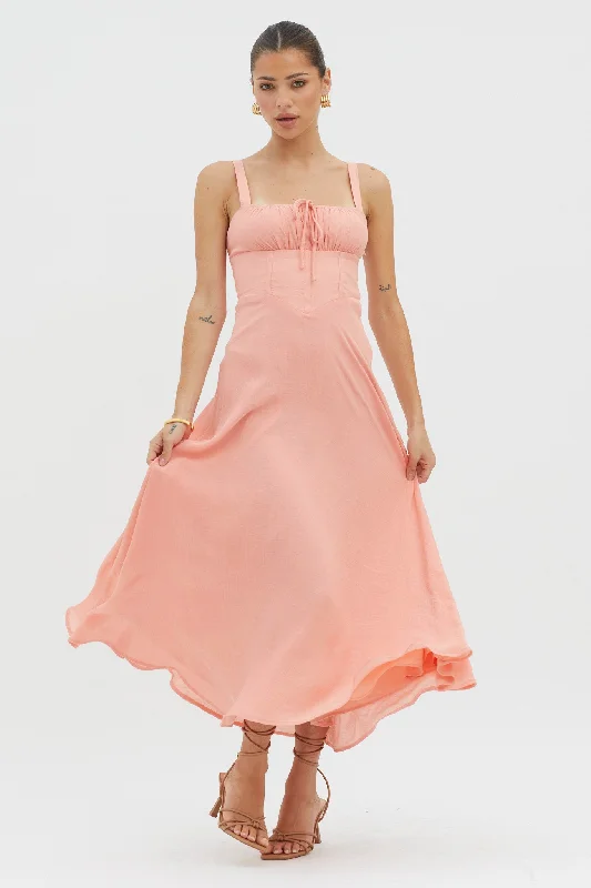 Sweet Pea Tied Bust A-Line Midi Dress Peach Refined Women's Classic 