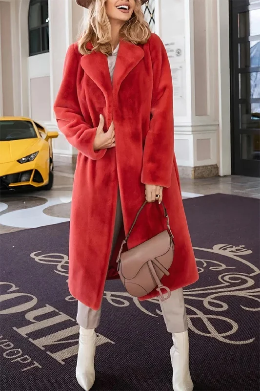 Full Size Fuzzy Tied Collared Neck Coat Laid - back Women's Style