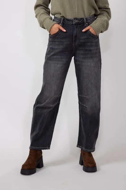 Mica Super High-Rise Barrel-Leg Jeans for Women in Black Eel | MDP-W3234 Compression