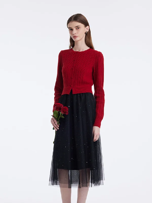 Pure Wool Patchwork Sequins Tulle Women Midi Dress Preppy Women's College