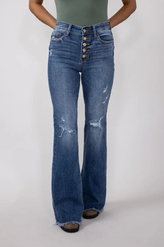 Judy Blue Mid Rise Medium Wash Flare Frayed Hem Distressed Jeans for Women | 82638REG Laid - back Women's Style Judy Blue Mid Rise Medium Wash Flare Frayed Hem Distressed Jeans for Women | 82638REG Laid - back Women's Style