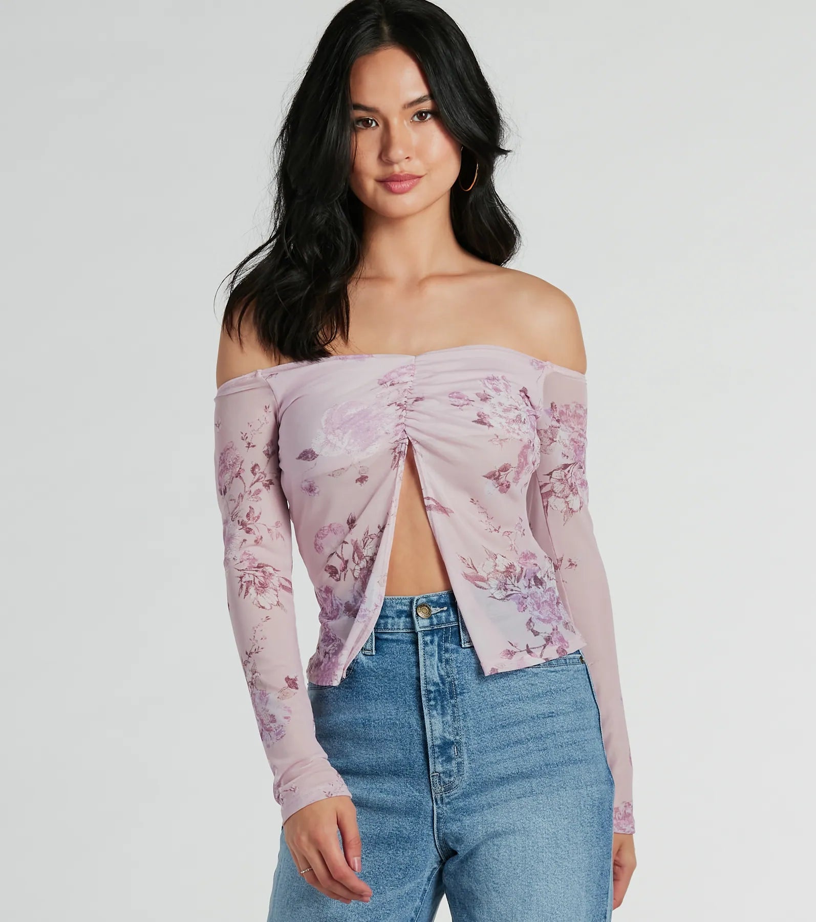 Floral Daydream Off-The-Shoulder Mesh Top Monochromatic Office Style