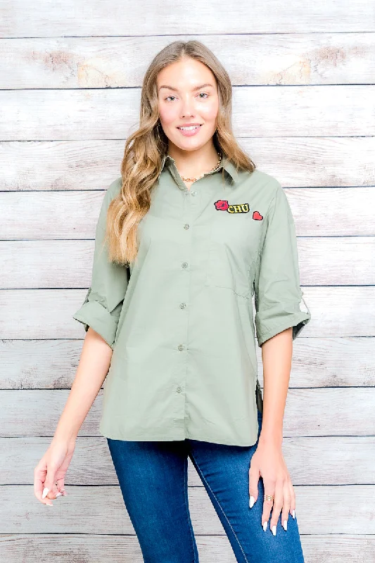 3/4 Sleeve Button Down Top 3Patches* (1327TM) Cashmere