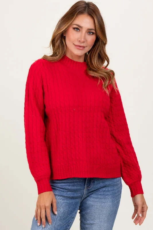 Red Cable Knit Mock Neck Bubble Sleeve Sweater Dynamic Women's High - energy