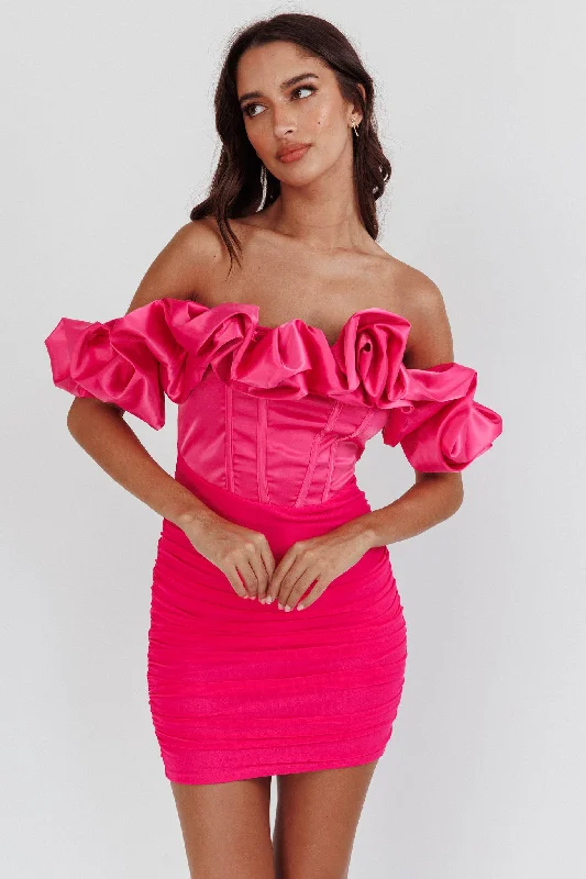Arista Off-Shoulder Ruched Mini Dress Hot Pink Compression