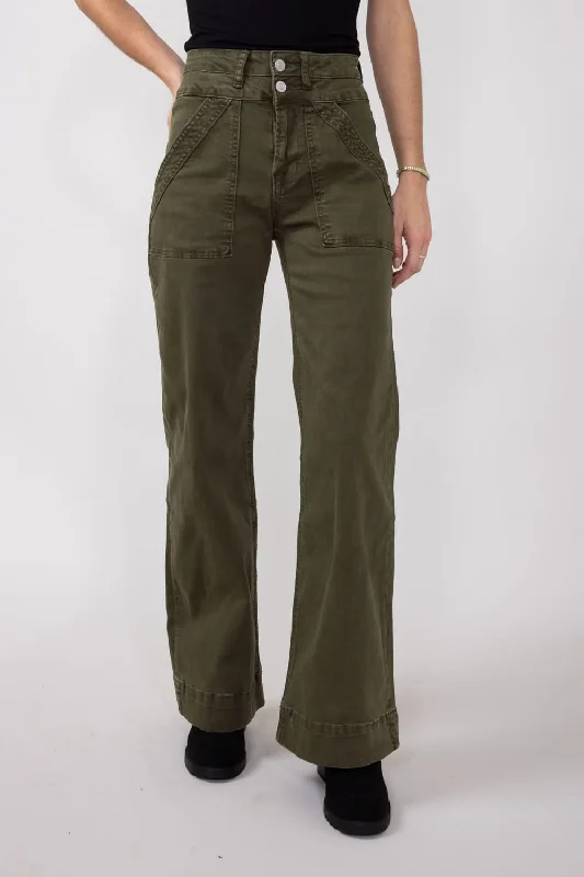 Mica Super High Waisted with Double Waistband Wide Leg Pants for Women in Fern Green | MDP-W3209FG Streetwear Style for 