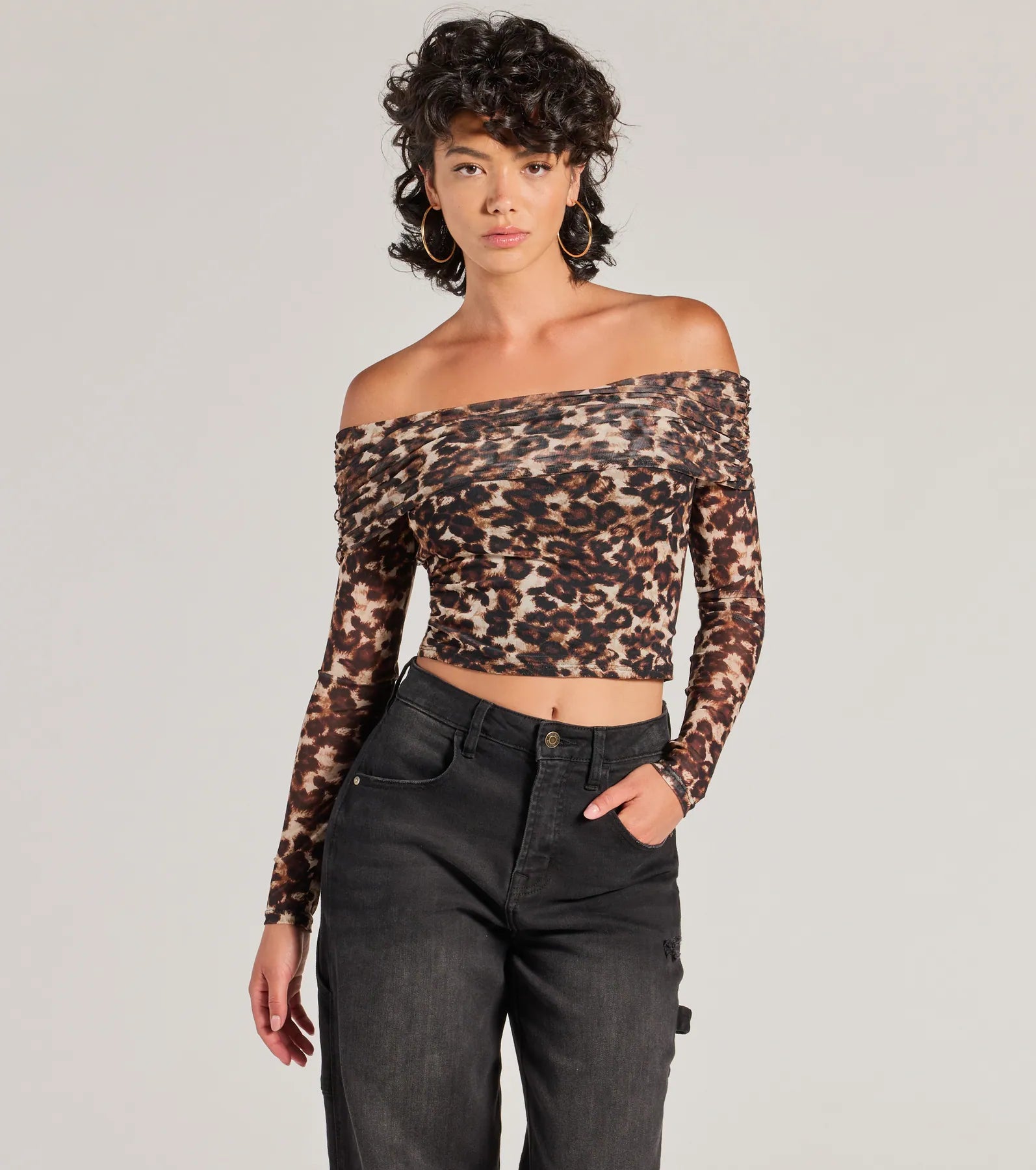 Trendy Chic Leopard Print Mesh Off-The-Shoulder Top Stylish Women's Tropical 