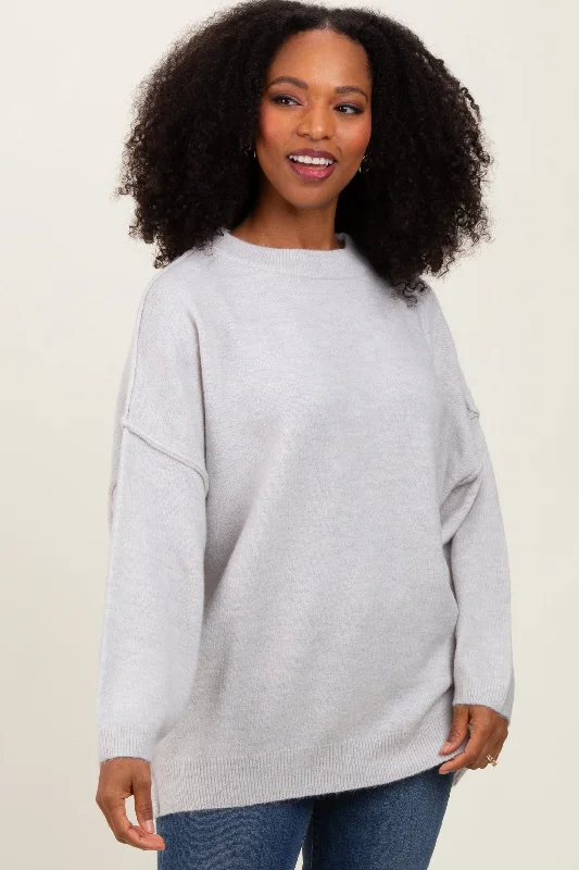 Light Grey Oversized Crewneck Melange Knit Sweater Sporty Women's Athleisure 