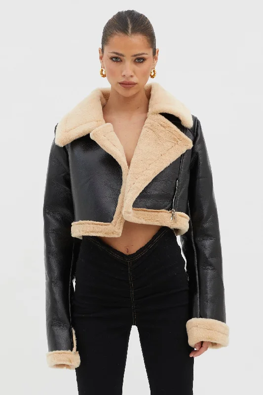 High Altitude Faux Fur Biker Jacket Black/Taupe Vintage Women's 1970S 
