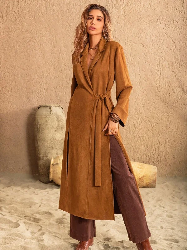 Slit Tied Collared Neck Longline Coat Laid - back Women's Style
