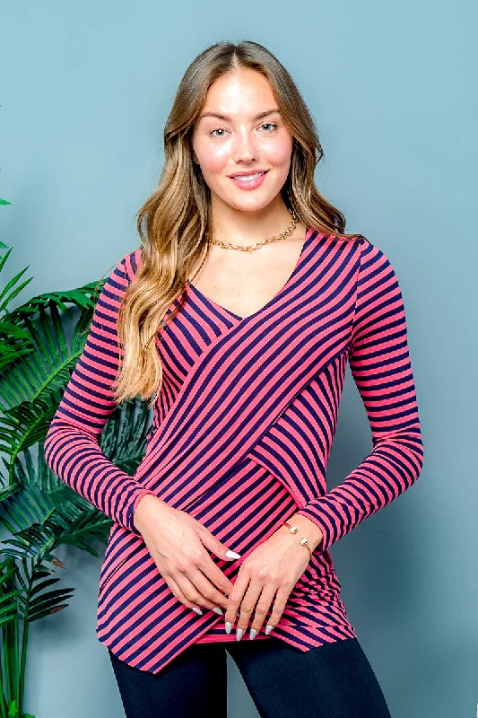 Coral Stripe Tier Long Sleeve Top (L1191) Polished Women's Silk