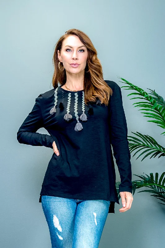 Long Sleeve Crew Neck Tunic Top with Contrast Tassel Bib Decor (LT23692) British Gentlewoman Style British Gentlewoman Style