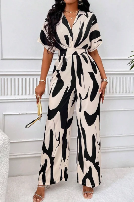 Printed V-Neck Short Sleeve Wide Leg Jumpsuit Monochromatic All - in - one
